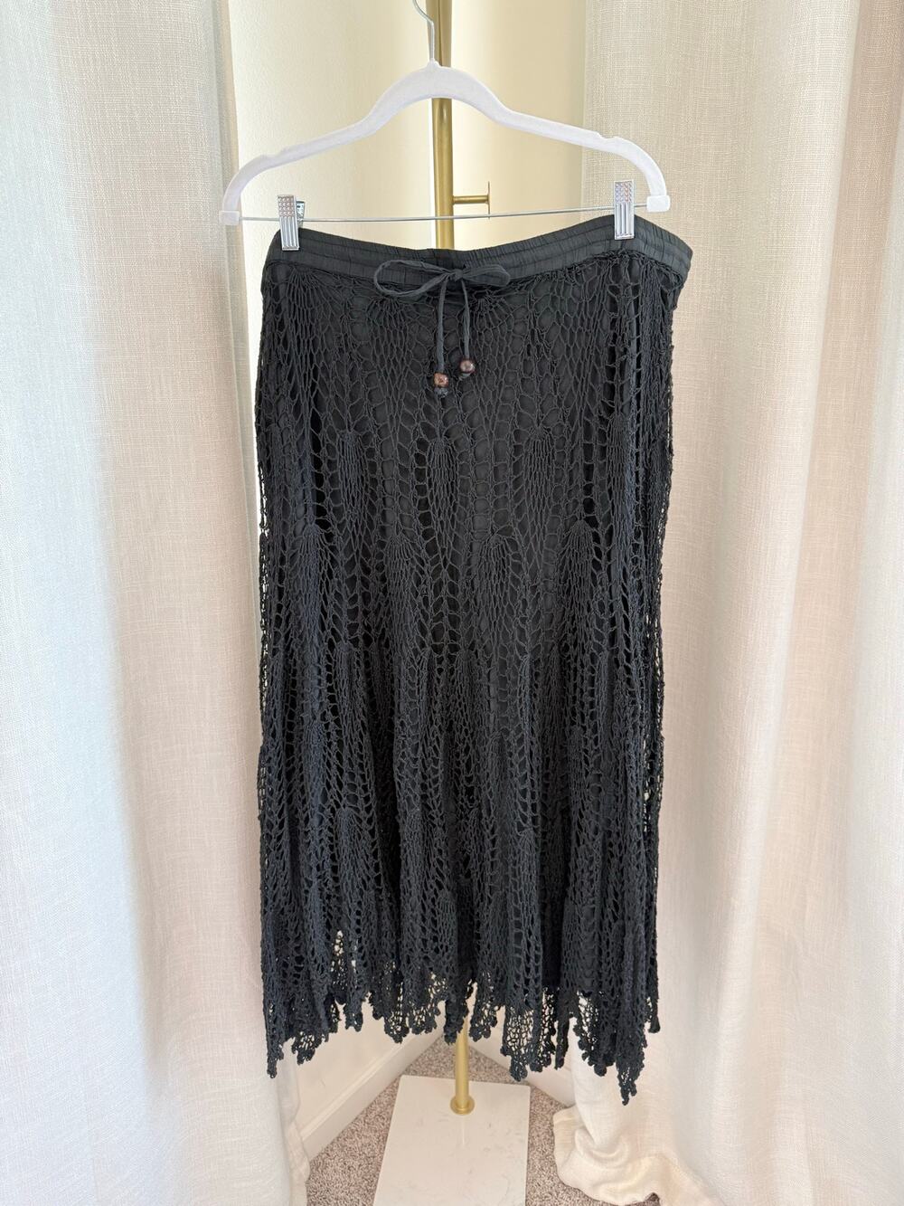 Mix Nouveau Maxi Skirt Women's Size XL Black Cotton Crochet Boho Drawstring Slit